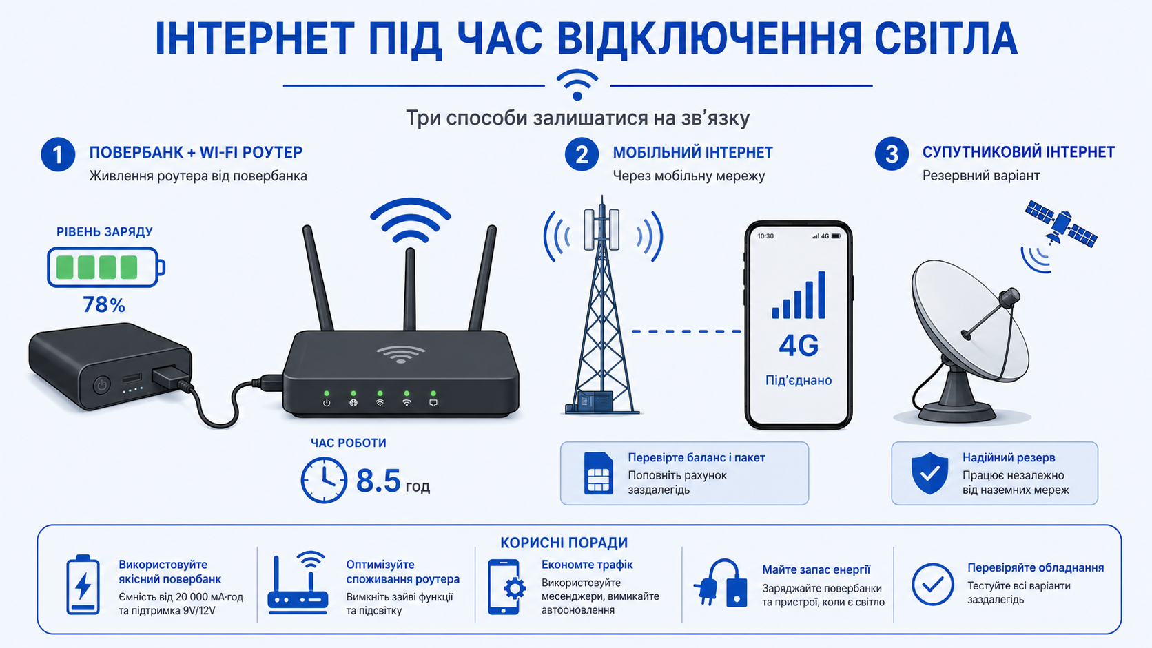 Інтернет під час блекауту: павербанк для роутера, мобільні дані, супутник
