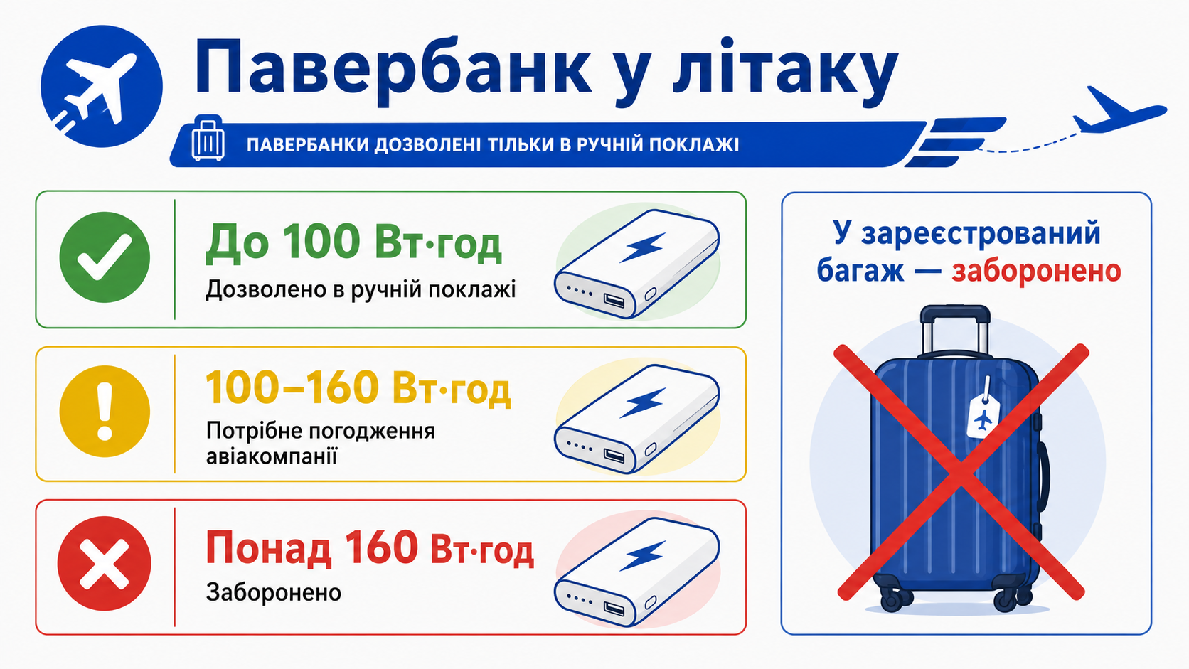 Павербанк у літак: норми до 100 Вт-год, 100-160 Вт-год і понад 160 Вт-год