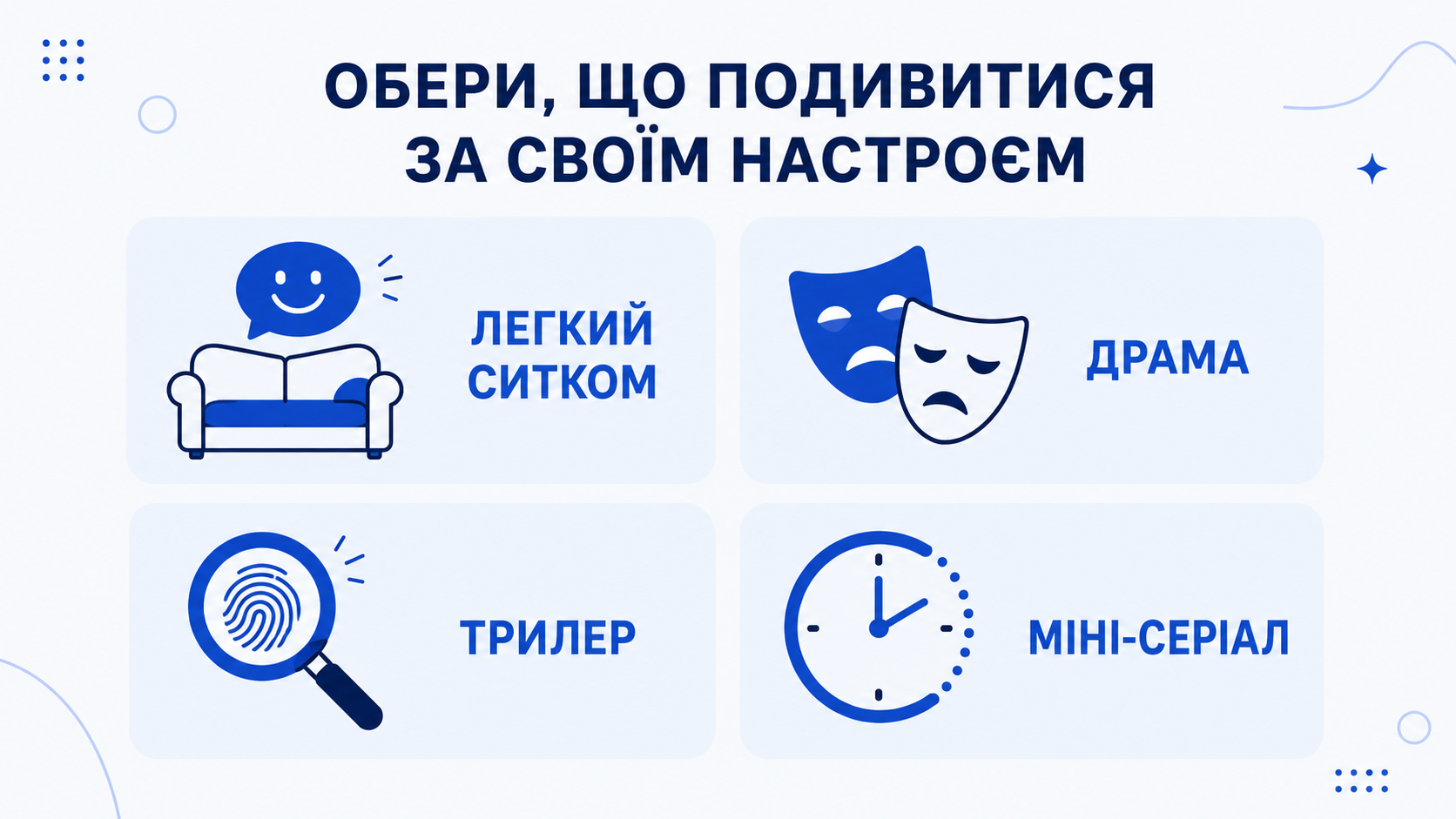 Чотири категорії за настроєм: ситком, драма, трилер, міні-серіал