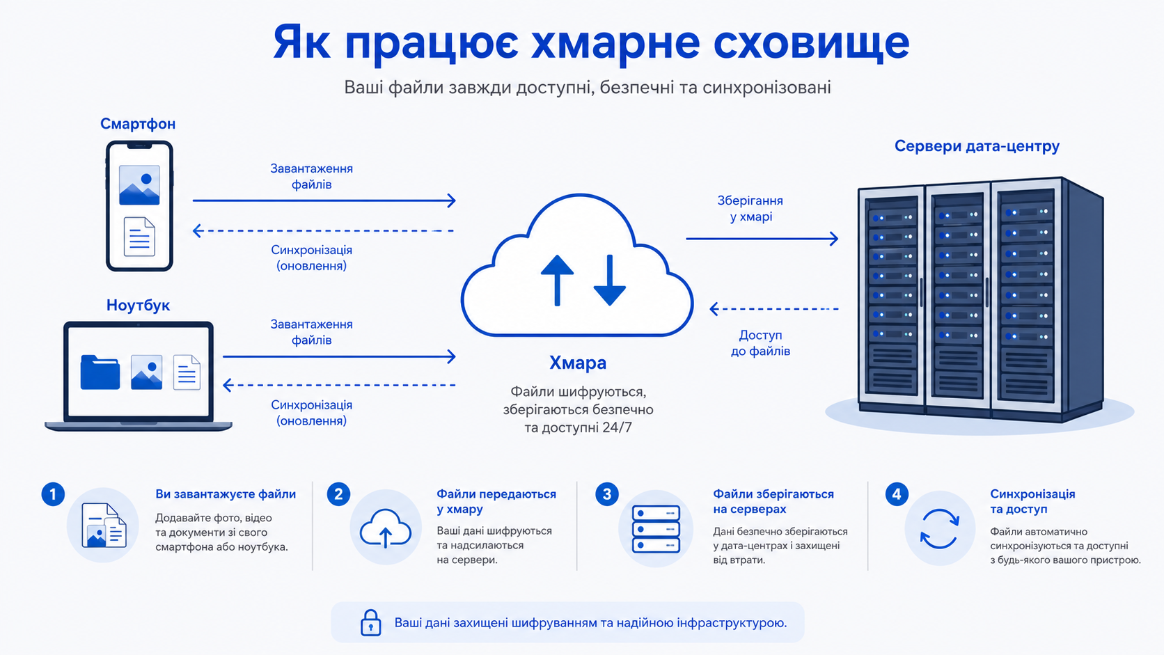 Як працює хмарне сховище: пристрої, хмара і сервери дата-центру