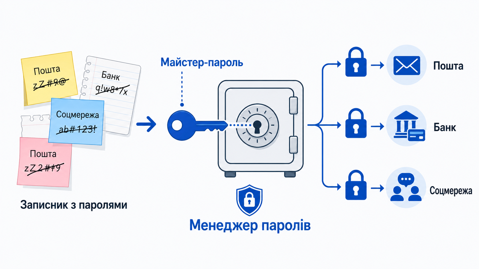 Майстер-пароль відкриває менеджер, а той підставляє паролі до пошти, банку і соцмереж