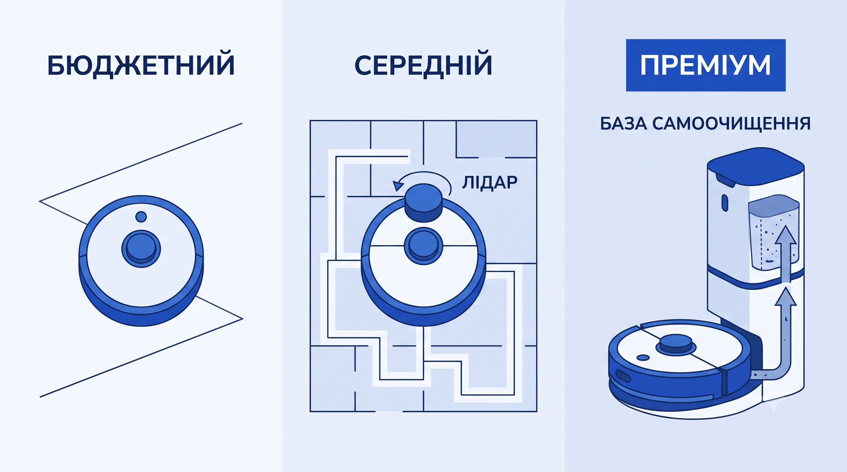 Три класи роботів-пилососів: навігація і база самоочищення